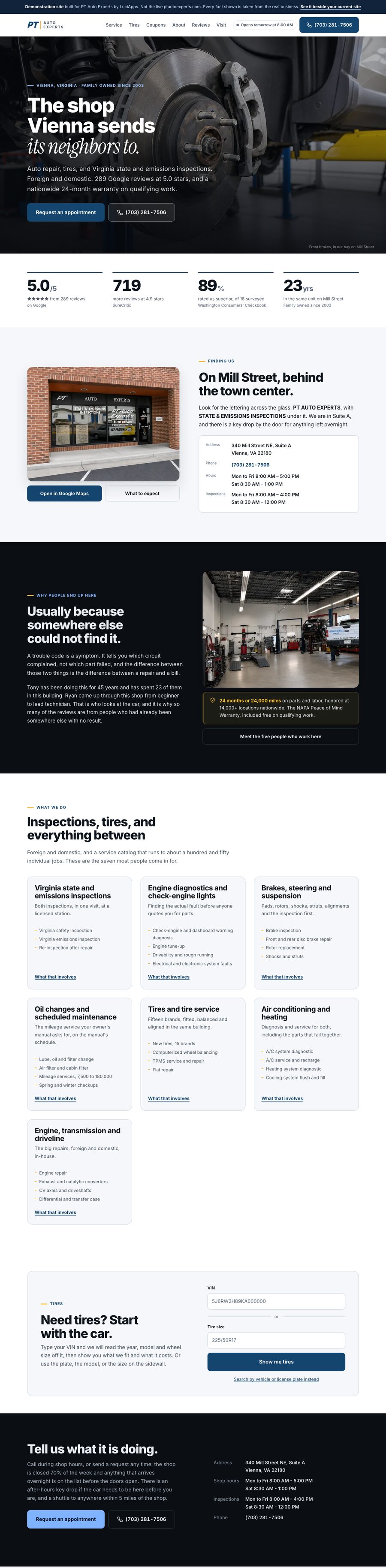 A screenshot of the rebuilt PT Auto Experts home page, captured at the same 1280 pixels wide.