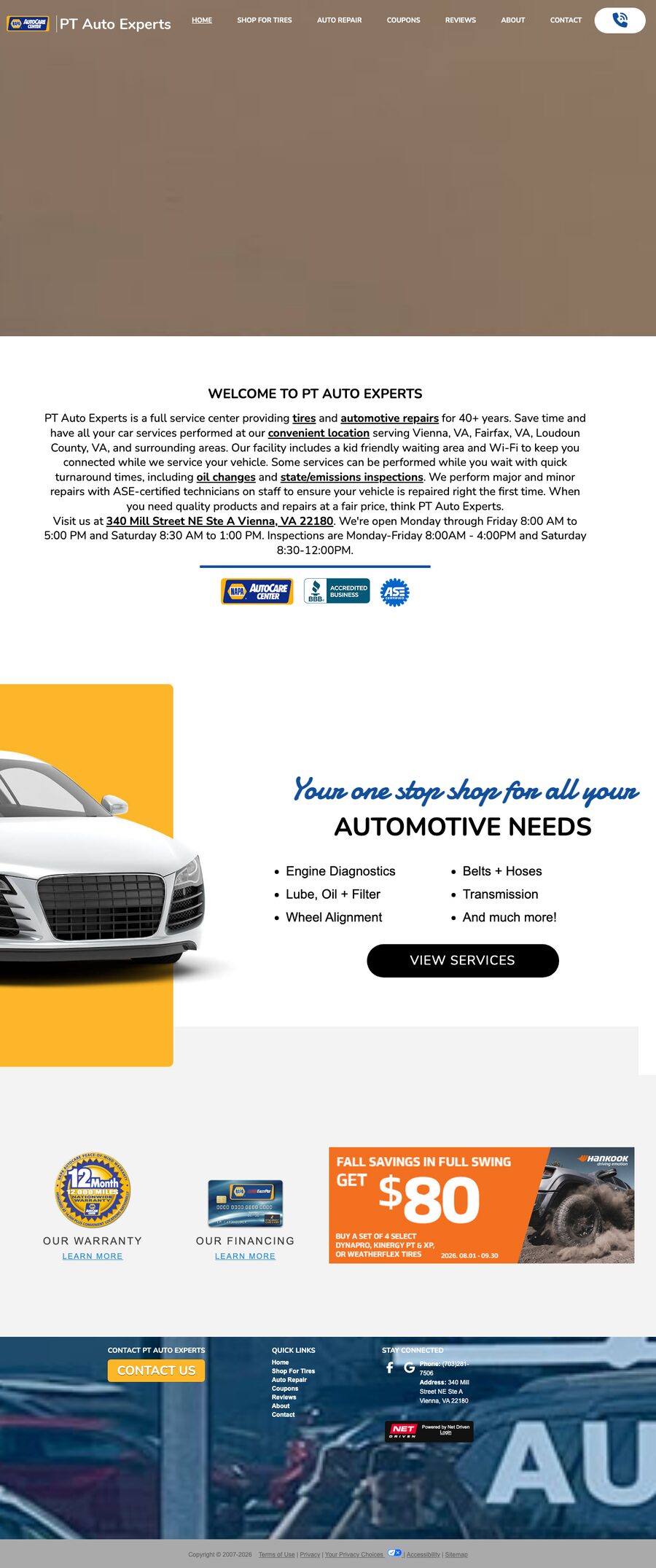 A screenshot of the current ptautoexperts.com home page, captured at 1280 pixels wide.