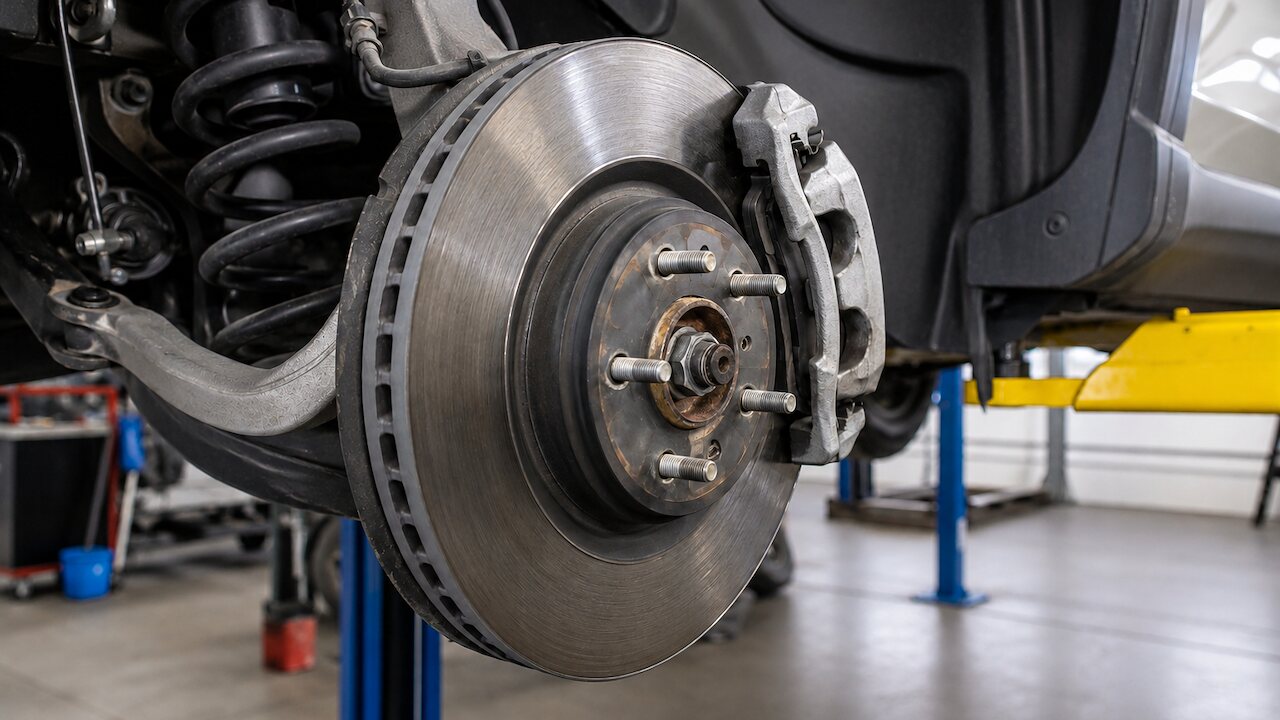 A front brake rotor and caliper with the wheel removed, on a car raised on a lift in the service bay