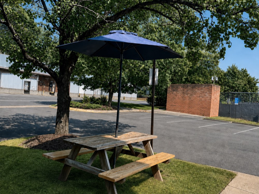 A shaded picnic table under a tree beside the customer parking at PT Auto Experts